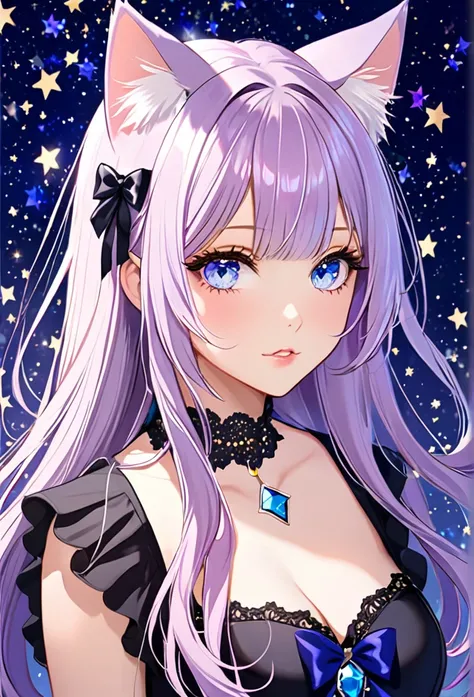 1girl, cat ears, long hair, bangs, light purple hair, gorgeous blue eyes, eyeliner, long lashes, collar, breasts, starry background