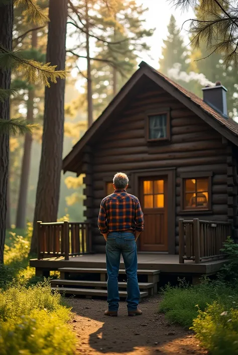 A man building his wooden house in the forest to live in isolation because he prefers to be alone, he has already finished the work. 