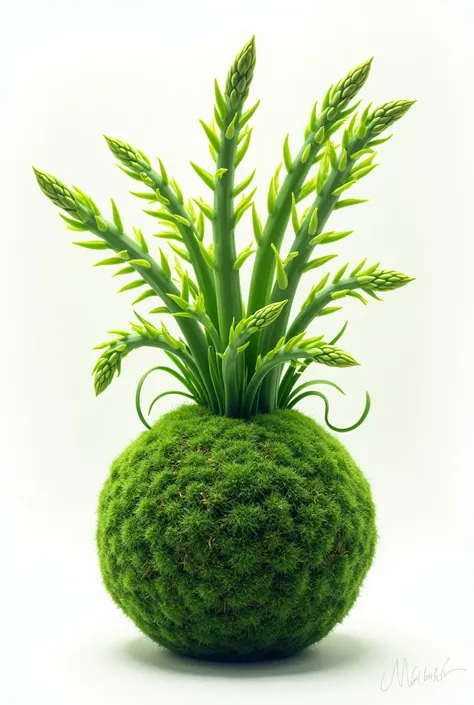 A logo with the design of a kokedama, made with asparagus plant. With the writing modeling kokedamas 
