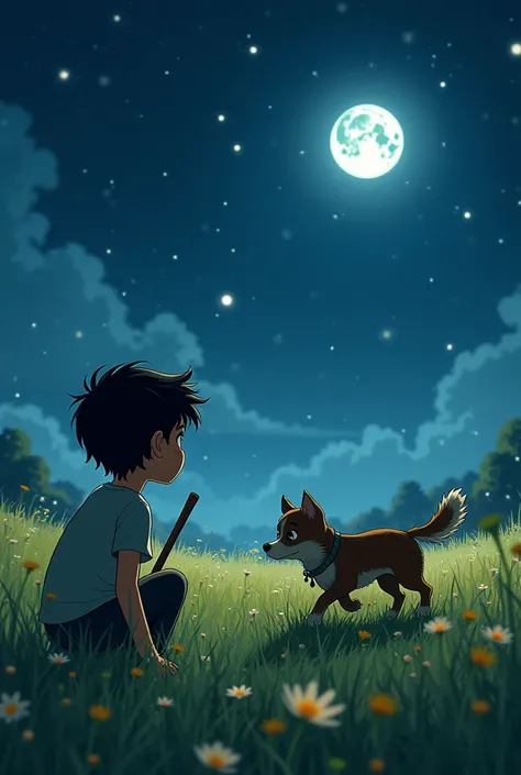 A 10-year-old boy with black hair sees a dog walking through a field at night with a stick.