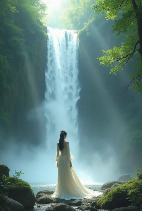 arafed woman in a white dress standing in front of a waterfall, a detailed matte painting inspired by Lan Ying, cgsociety contest winner, fantasy art, cinematic goddess shot, still from a fantasy movie, cinematic. by leng jun, a beautiful fantasy empress, ...