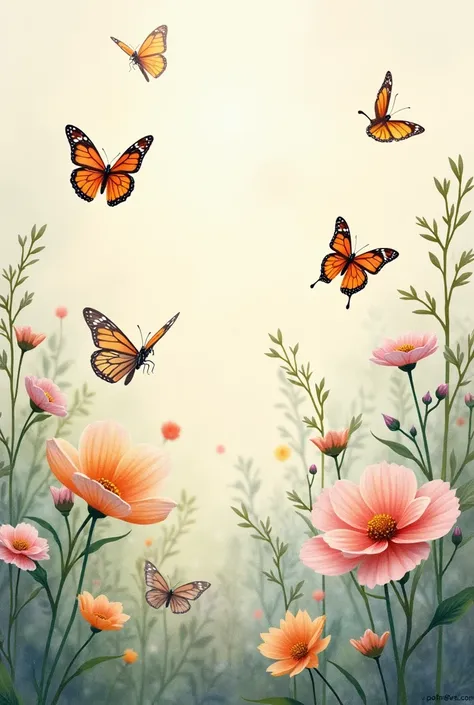 Garden with butterflies all around, subdued colors, Tom de Rosa, delicate flowers, letter paper style, horizontal format