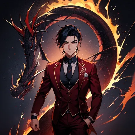 anime man in a suit and tie with a dragon in the background, dragon - inspired suit, by yang j, human and dragon fusion, handsom...