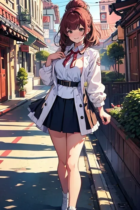 One person, Chestnut Hair, Pompadour Bangs, Half Up,Large Breasts, smile, Droopy eyes, perspective, High School Uniform,Anime Style, Nice body,Knee-length skirt,Healthy sex appeal,