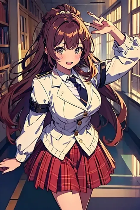 One person, Chestnut Hair, Pompadour Bangs, Half Up,Large Breasts, smile, Droopy eyes, perspective, High School Uniform,Anime Style, Nice body,Knee-length skirt,Healthy sex appeal,