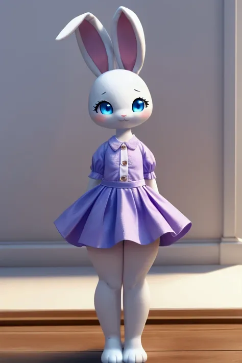 Small, slender, female plush bunny with nice, big thighs and white fur, with pretty blue eyes. Shes wearing a short purple dress with a white checkered mini skirt, full body. Its a toy and it has life..