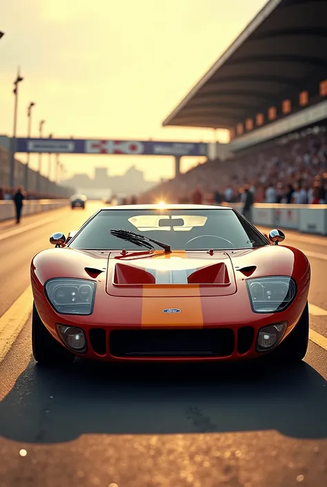 A majestic Ford GT40 sits proudly on a vintage racing grid, bathed in warm sunlight that highlights its sleek, curvaceous lines. Delicate brushstrokes bring to life the intricate details of the iconic sports car: chrome trim gleams, rivets sparkle, and the...