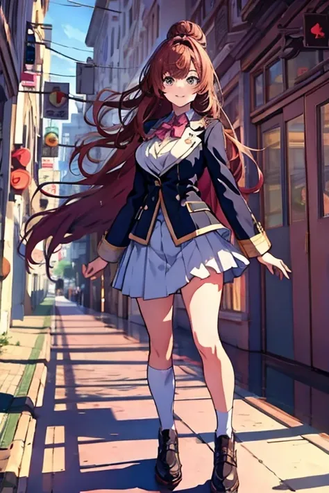 One person, Height: 165cm,Chestnut Hair, semi-long,Pompadour Bangs, Forehead,Half Up,Large Breasts, smile, Droopy eyes, perspective, High School Uniform,Anime Style, Nice body,Knee-length skirt,Healthy sex appeal,