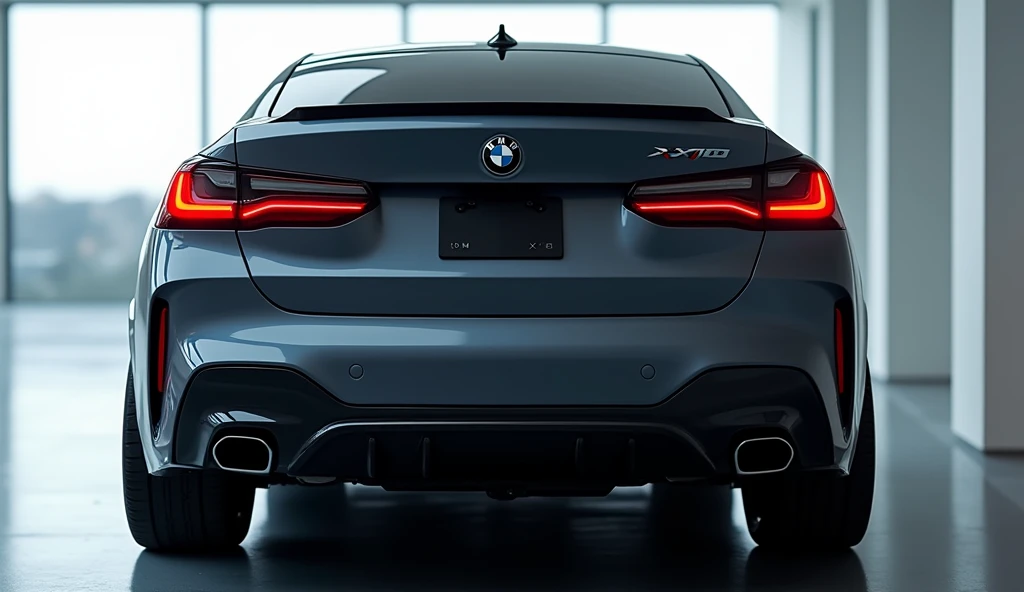 a detailed image focusing on the rear view of a BMW XM. Highlight the sleek, modern design of the cars back end, including its distinctive taillights, sharp lines, and prominent exhausts. The rear bumper should be bold and muscular, showcasing the cars spo...