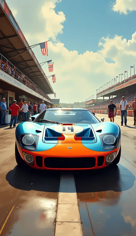 A majestic Ford GT40 sits proudly on a vintage racing grid, bathed in warm sunlight that highlights its sleek, curvaceous lines. Delicate brushstrokes bring to life the intricate details of the iconic sports car: chrome trim gleams, rivets sparkle, and the...