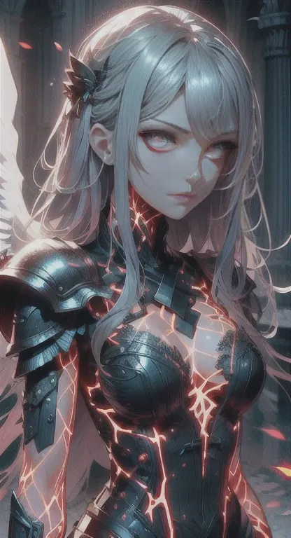 pale skin, corrupted halo, impure queen, rare, cursed maiden, Angelic armor, beautiful young woman, powerful aura, long silver hair, red glowing eyes, grey skin, black wings, palace ruins,