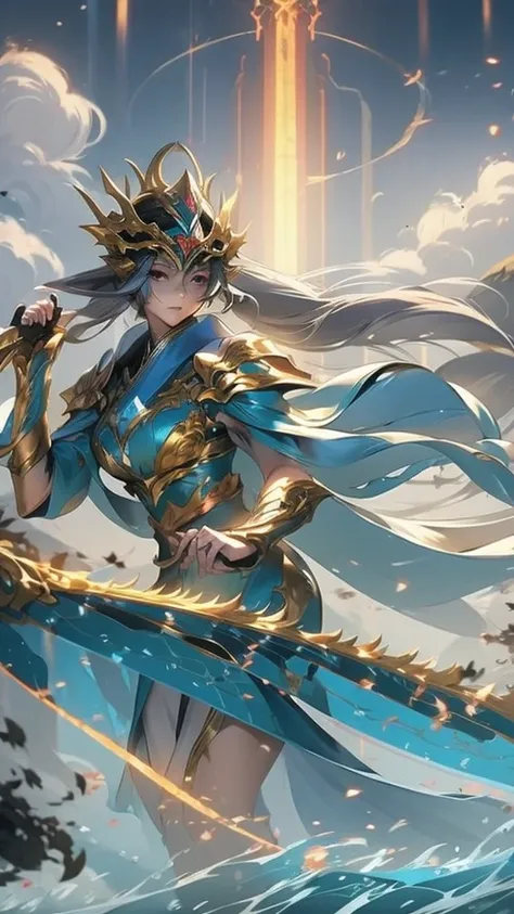 On the coast of the mountain,beautiful dragon girl,long hair shawl,Large Breasts,Wearing fairy clothes and long sword
