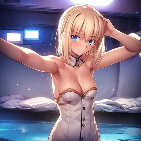 High resolution, 最high resolution,high resolution,{Things to know_f de stay night ufotable:1.15}, Rubio_ Best Quality, masterpiece, フルnude,Sweatだく,Blushing,smile,Armpitアップ,Sweat,Armpitを広げて見せている,bed,Moist,Blonde,whole body,pubic hairあり,Love juice,Armpit,sid...