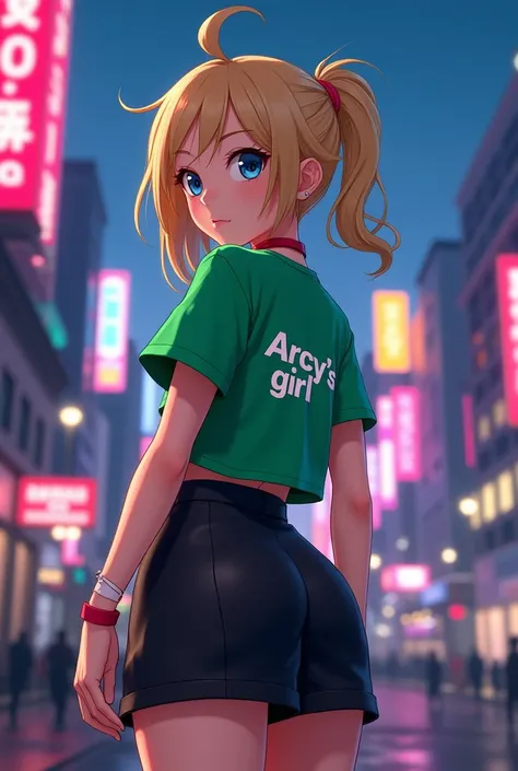 A captivating 3D render of an anime-inspired woman exudes confidence and charm as she poses boldly in the bustling cityscape at dusk. With a radiant smile, she wears a green shirt emblazoned with "Arcys girl" and a black mini-skirt. Her striking blue eyes ...