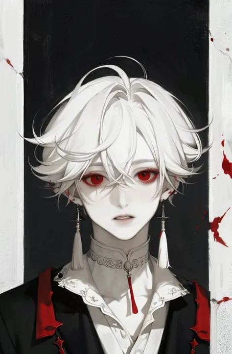 masterpiece, male focus, 1boy, solo, white hair, tassel earrings, tassel, jewelry, earrings, parted lips, black background, red eyes, short messy hair, blood, knives, upper body, hair between eyes, fluffy hair,