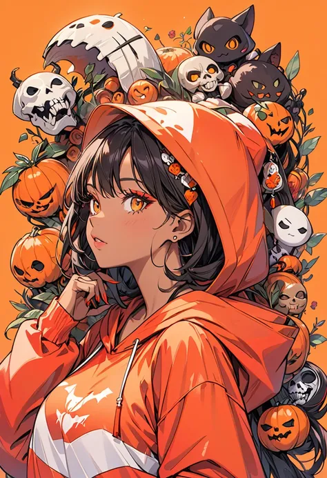 (African American Woman) holding a big orange. She is wearing a large, red-themed costume.,Hooded. Her laid back attitude、Vibrant,Spooky accessories. ((On an orange background)). Tattoo Array,
