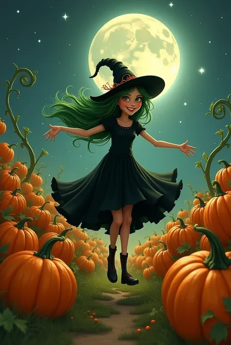 Halloween, witch, pumpkin field, full moon, cute, dark green hair, black dress