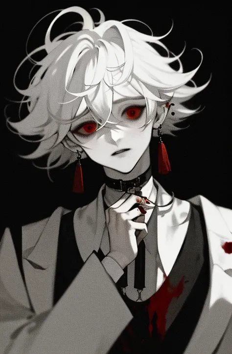 masterpiece, male focus, 1boy, solo, white hair, tassel earrings, tassel, jewelry, earrings, wearing collar, wearing modern clothes, black background, red eyes, short messy hair, blood, knives, upper body, hair between eyes, fluffy hair, psychotic obsessiv...