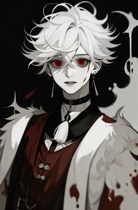 masterpiece, male focus, 1boy, solo, white hair, tassel earrings, tassel, jewelry, earrings, wearing collar, wearing modern clothes, black background, red eyes, short messy hair, blood, knives, upper body, hair between eyes, fluffy hair, psychotic obsessiv...