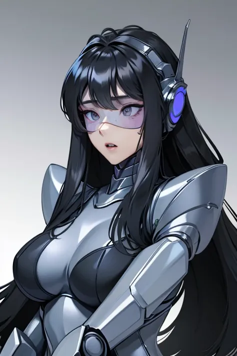 empty eyes,robotized woman ,big bust,Robot Joint ,Metal skin,Black Suit,long hair,a suit that covers the whole body,mechanization,robot, antenna