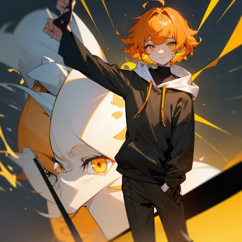 anime boy, short boy, , orange hair, yellow eyes small, cute, short hair, boy, small, long sleeve, hair with bangs, dark colors

(*Im Elliot, a short boy, 53, I wear oversized hoodies with long sleeves that cover even my hands, black pants and a yellow all...