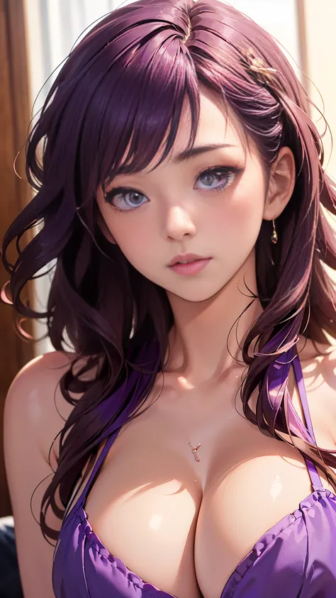 (RAW photo, Best quality), (Realistic, photo-realistic:1.2), 2girls, High quality, (highdetailskin:1.4),1 girl  ((beautiful, Saori Kido in realistic style, in her 21st year, with her long purple hair falling in soft waves around her face delicate, big brea...