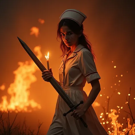 A crying nurse empty face holding candle in one hand and sword in another hand walking in fire 