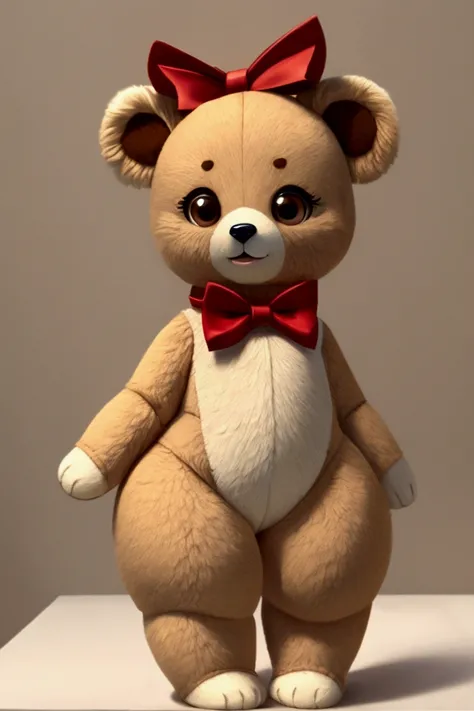 Small, slender, female teddy bear with nice, big thighs and cream-colored fur, pretty brown eyes, and a red bow. Full body, it is a toy and has life..