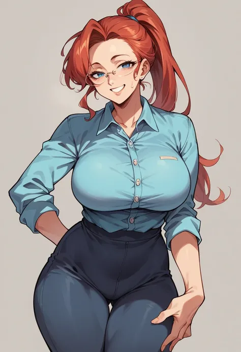 mature woman,, blue colored eyes, red Ponytail, High Ponytail, glasses in hair on forehead, leggings, ,Light blue polo shirt , Black wide leg sweatpants ,Smiling, curvy body, facing forward, seductive, calling with her hand 90s anime style