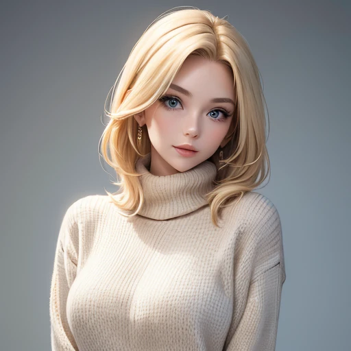 portrait of a model woman with blond hair in a warm designer sweater, in the style of branded clothing, with the sweater in full...