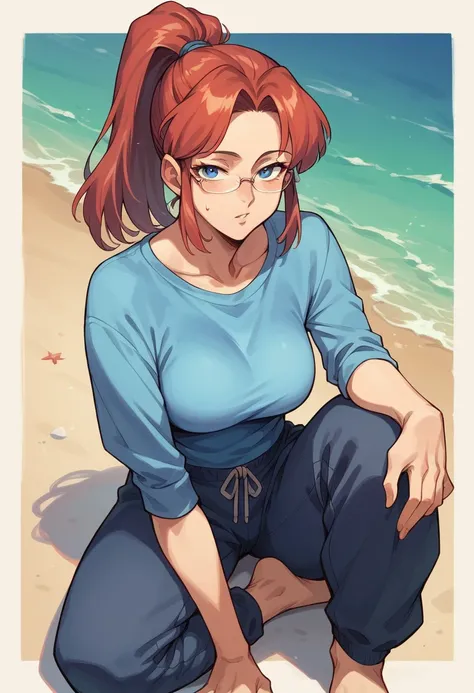 mature woman,, blue colored eyes, red Ponytail, High Ponytail, glasses in hair on forehead, ,Light blue  shirt , Black wide leg sweatpants ,On the beach, facing forward, seductive, calling with her hand 90s anime style