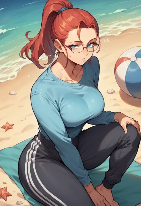 mature woman,, blue colored eyes, red Ponytail, High Ponytail, glasses in hair on forehead, ,Light blue  shirt , Black wide leg sweatpants ,On the beach, facing forward, seductive, big ass, calling with her hand 90s anime style