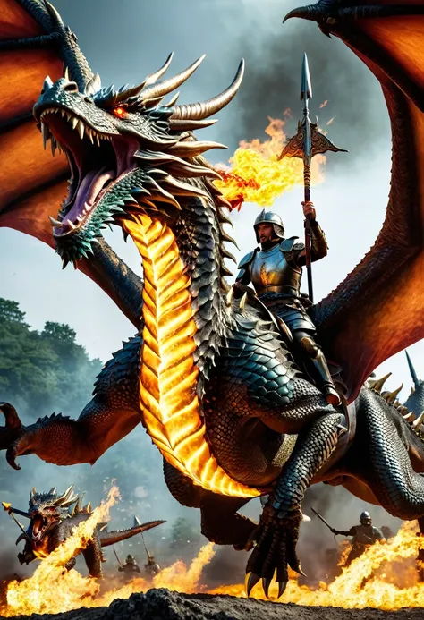 An warrior riding a badass dragon that it is breathing fire on enemy soldiers during battle