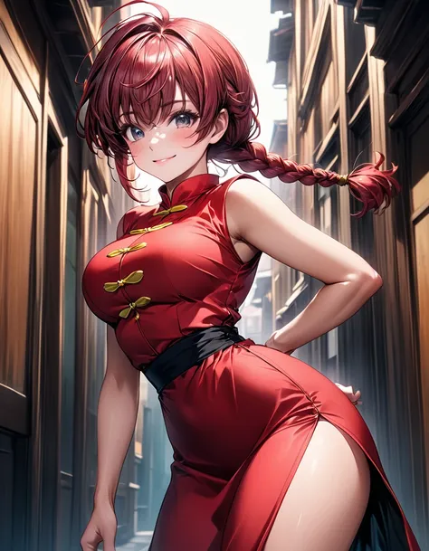 (High resolution:1.4)、(High resolution:1.4)、beautiful girl alone、Symmetrical face、「Ranma Half」character、Super Beauty「Ranma Saotome」、Spirited eyes、Red Hair、Long hair in a single braid hanging down the back、Japanese beauty、Challenging smile、To the camera、Che...