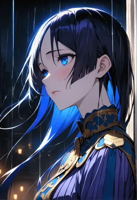 Raikou、With pouring rain and streaks of light in the background、A close-up of a character&#39;s intense eyes with a brilliant blue glow and intricate detail。Very detailed、Highest quality、masterpiece