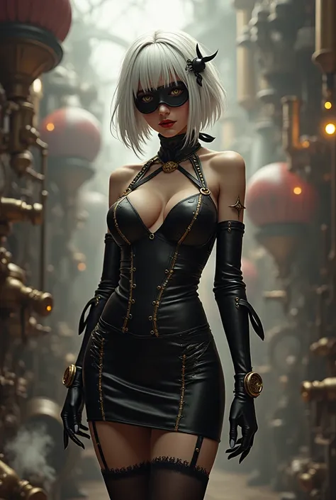 YoRHa No. 2 Type B, beautiful 2B (Nier Automata), steampunk style, 2B outfit, stockings, blindfold, hands free, red lipstick, looking at the camera, steampunk background