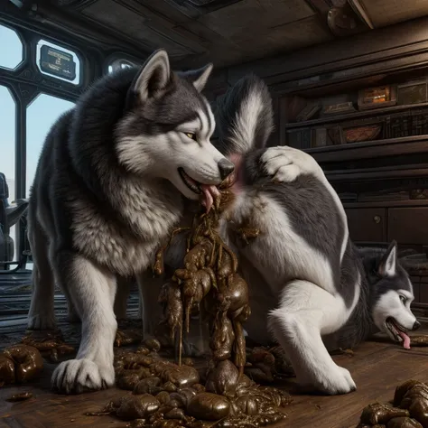 A hyper realistic, ultra detailed image of a husky, fat, (((((feral, husky rimming feces, tongue in husky anus, hands on butt))))), thick thighs, duo, shaded, intricate, realistic, detailed background, (saliva:0.8), panting, drooling, saliva, aroused, ass ...