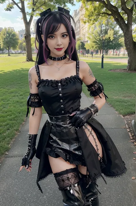 sexy stylish female model, only 1 female, ((doll-like appearance)), long stylish hair, ((shiny Punk-Style boots)), (happy smile), ultra detailed eyes, long lashes, metallic makeup, lip-gloss, ((sexy Punk Lolita cosplay)), unconventional skirt, petticoats, ...