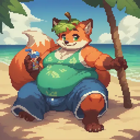 4k, pixel, 32bits, detailed eyes, green eyes, obese, gluttonous orange fox boy, big belly, furry, tree leaf over head, smile, be...