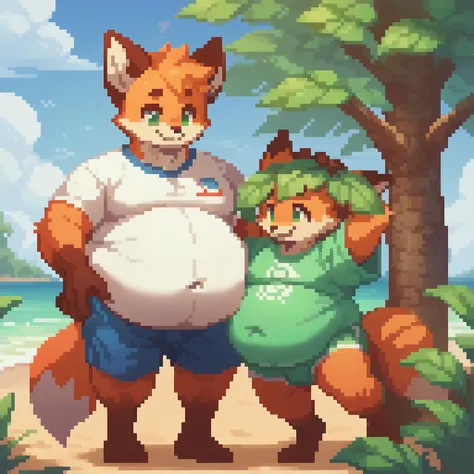 4k, pixel, 32bits, detailed eyes, green eyes, obese, gluttonous orange fox boy, big belly, furry, tree leaf over head, smile, be...