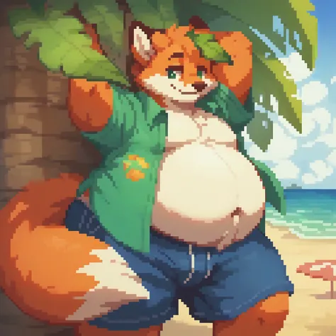 4k, pixel, 32bits, detailed eyes, green eyes, obese, gluttonous orange fox boy, big belly, furry, tree leaf over head, smile, be...