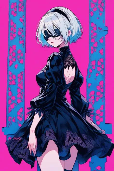 Illustrator, anime , Realistic ,sketch , 1 person, model, lip, A translucent gothic black mini dress with lots of lace, lace blindfold, lace eye covered, lace black blindfold, order, Blue and pink gradient background, Neon colored short hair, Big Breasts, ...