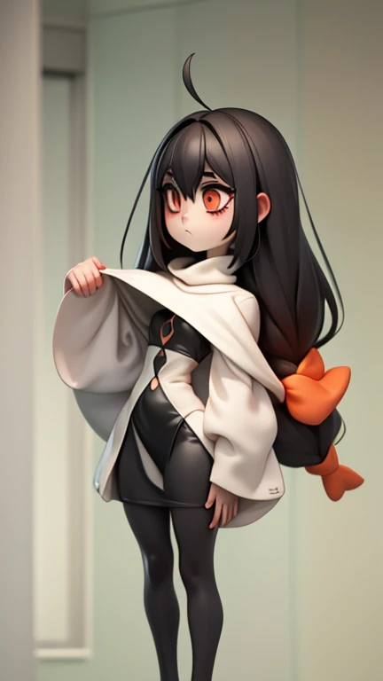 　Primary school students　young　small　height: 130cm　Standing picture Simple design　The dress is a one-piece　camisole　Sleeveless　No sleeve　Long Hair　Long black hair　Hair is black　Red eyes　Shoulder-baring ahoge　Kokeshi
