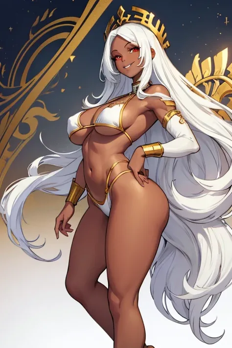 female, white long hair, red eyes, dark skin, (((1girl))), (((white and gold bikini top))), (white and gold bikini bottoms), cute and sexy, full body, large breasts, large butt, long legs, smiling