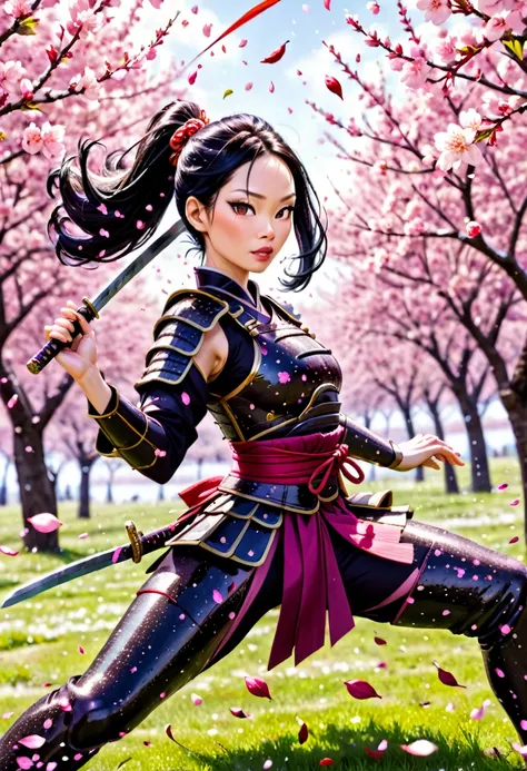 Lucy Liu in feminine samurai battle armor, brightly colored demon themed, dark energy swirls around her, wielding an intricate black bladed sword, she is moving through a cherry orchard, cherry petals falling around her like snow, hateful look on her face,...