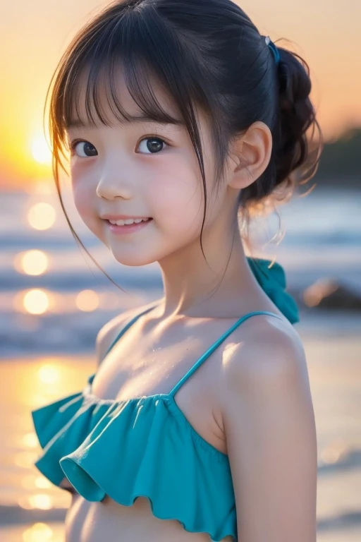 10 years old, adorable, adolescent, seaside,  japanese girl, (portrait, close-up:1.2),exposed forehead, scrunchie,( cheek,glossy...