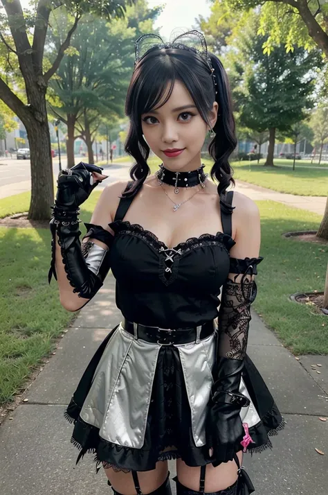 sexy stylish female model, only 1 female, ((doll-like appearance)), long stylish hair, ((shiny Punk-Style boots)), (happy smile), ultra detailed eyes, long lashes, metallic makeup, lip-gloss, ((sexy Punk Lolita cosplay)), unconventional skirt, petticoats, ...