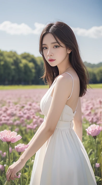 A building in the background in a field of flowers、A watercolor painting depicting a woman in a white dress, An academic art painting depicting a girl in a field of flowers, Beautiful character drawings, Digital Art、Ultra-realistic, Beautiful art、uhd、4K,