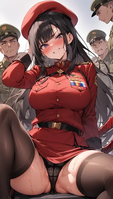 One beautiful woman、Many people々、Beautiful woman、soldier、military base、女性soldier、crowd、Red military uniform、beret、Short tight skirt、soldier、30 years old、Ride a man、Face sitting、Looking down at the viewer, Long Hair、Sit on a mans face、Man being tortured、ban...