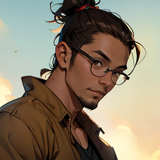 A sketch of a Solo male Filipino brown eyes with a messy man bun styled brown hair while wearing glasses set in a fantasy scene